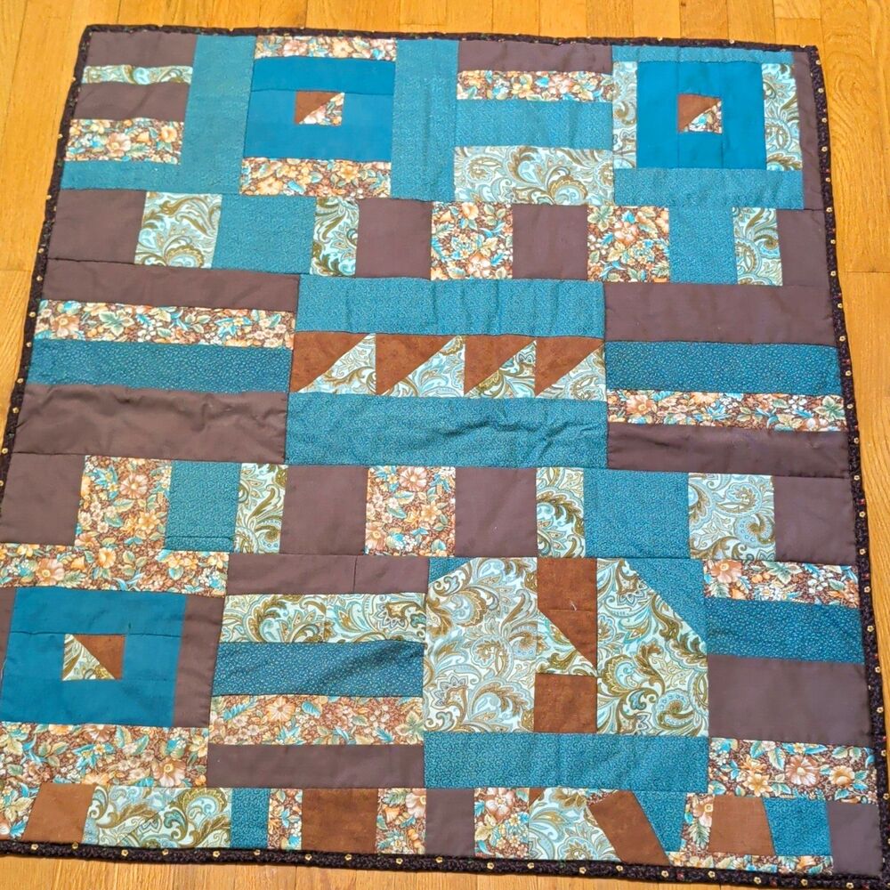 Handmade Patchwork Lap Quilt/Throw Blanket Teal Brown Multicolor 40x36